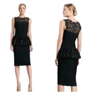 Tadashi Shoji Pintuck Peplum Sleeveless Stretch Sheer Lace Dress Black Medium